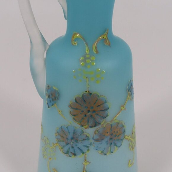 Antique Blue Satin Glass Gold Flower Floral Cruet Dressing Pitcher 6.9in Country - Picture 3 of 13